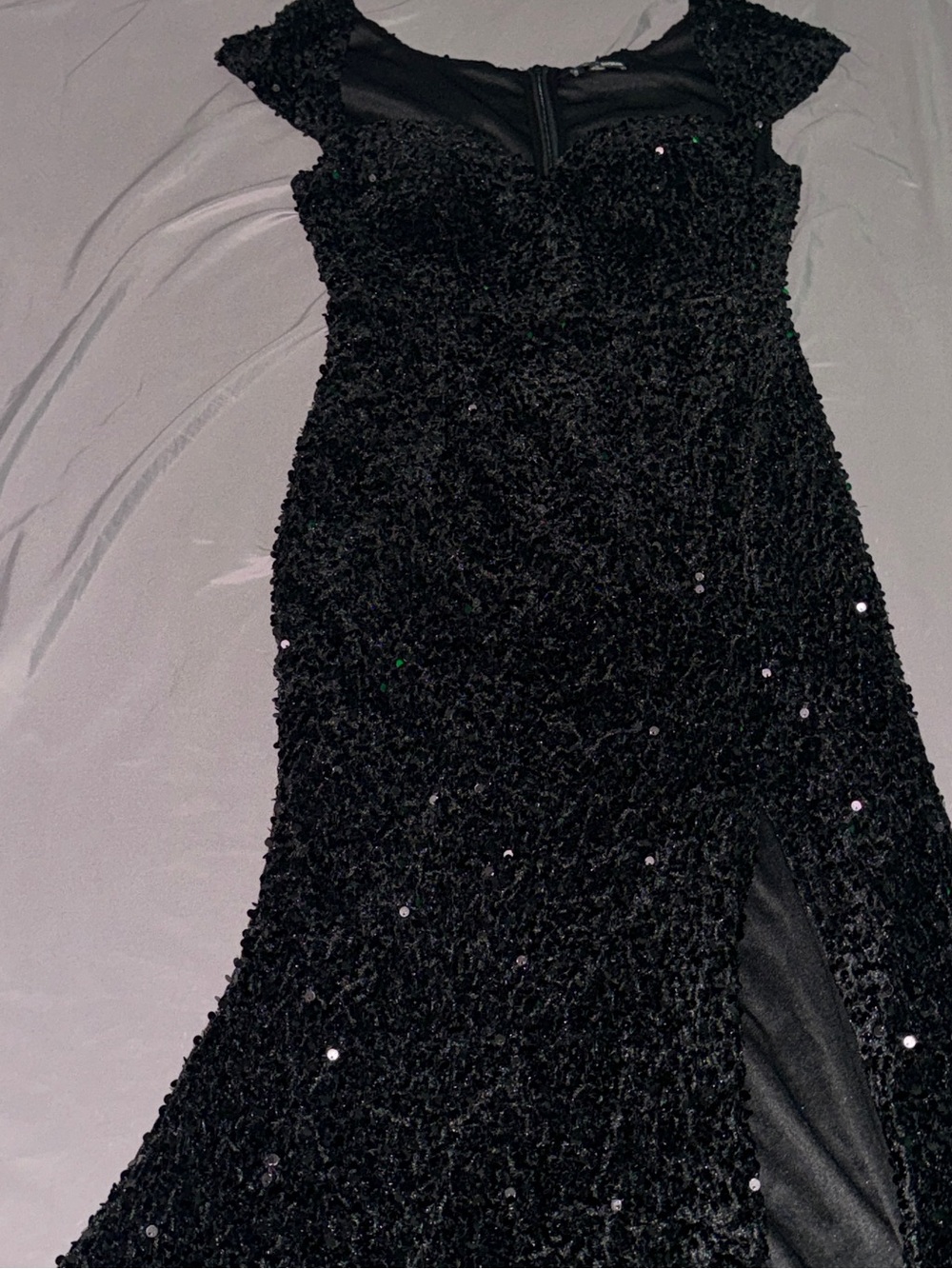 Fashion Nova Black Sequin Cap-Sleeve Prom Gown